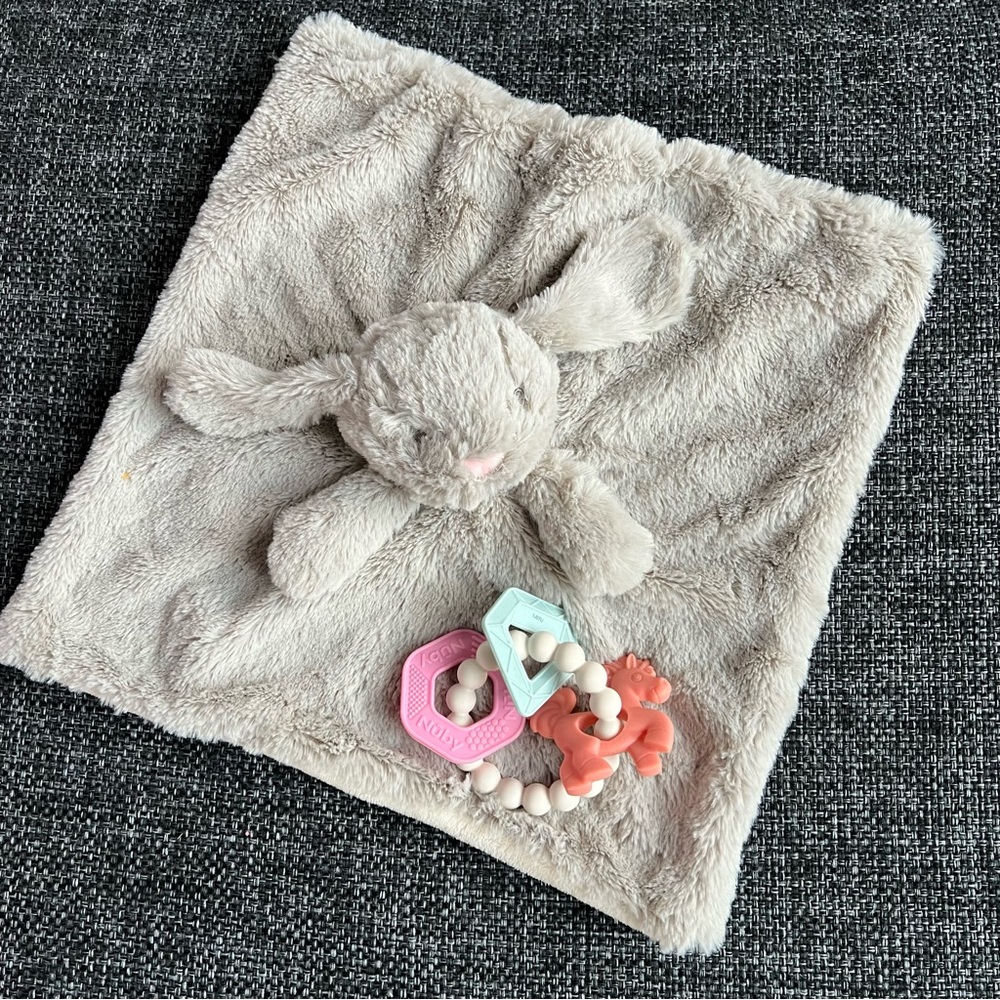 Bunny Rattle Snuggler and Nuby Teething ring